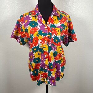 Vintage Esprit Floral Button Down Shirt Short Sleeve Cotton Multi Color 90s Top